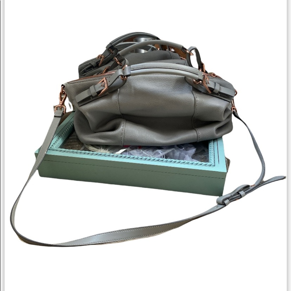 Ted Baker Ash Gray Medium/ Large Bag Handbag Genuine Leather Rose Gold Metal - Picture 5 of 16